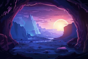 Obraz premium Rocky cavern entrance reveals an enchanting alien landscape with distant moon and mountain silhouettes