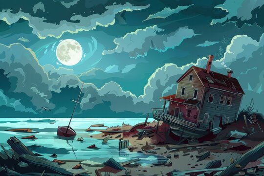 Desolate Coastal House Under Full Moon