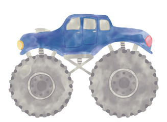 Hand-drawn watercolor illustration of a blue monster truck isolated on a white background. © beyouenked