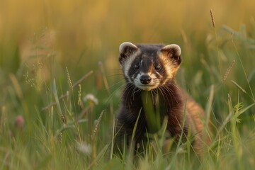 Fototapeta premium A striking European polecat prowling through a meadow at dusk