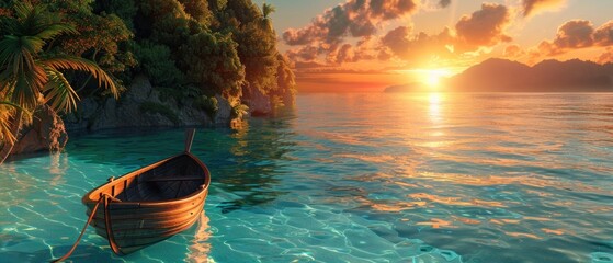 An intricate 3D rendering of a boat anchored near a tropical island The boat is depicted with realistic textures and shadows, surrounded by crystal-clear waters and lush green vegetation The scene is