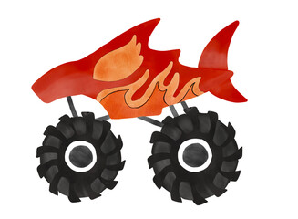 Hand-drawn watercolor illustration of a monster truck isolated on a white background. © beyouenked