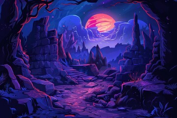 Mysterious ruins under a crimson moon