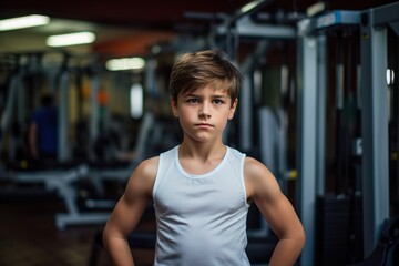 Fototapeta premium A young boy stands in a gym with his arms crossed, looking at the camera