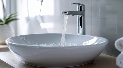 A clean, white ceramic sink with a sleek faucet and sparkling water, representing purity and hygiene.