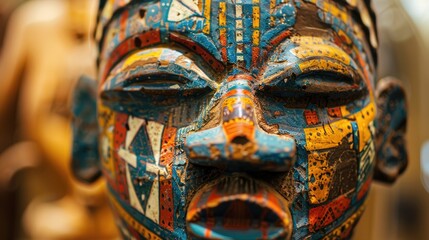 A close-up of a traditional African mask, showcasing intricate designs and vibrant colors.