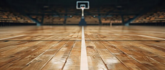 Fototapeta premium A basketball court with a polished wooden floor and empty stands, banner, with copy space