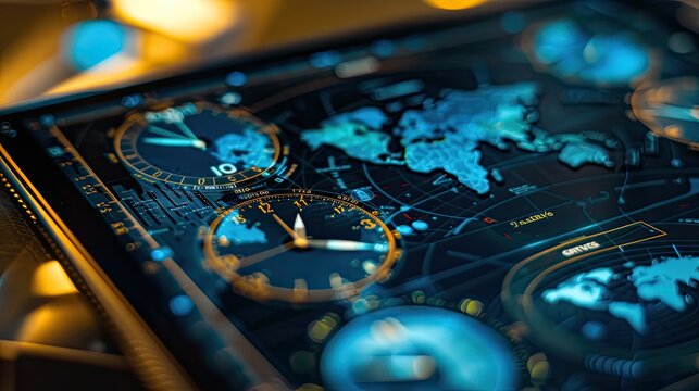 A close-up of a tablet screen with a world clock app open, showing various international times. - Powered by Adobe