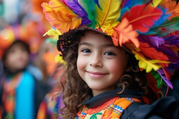 Fototapeta premium portrait of a smiling girl wearing a feather headdress and a colorful outfit is smiling outside during an autumn costume parade
