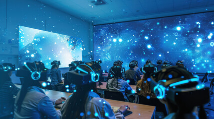 Classroom filled with students using VR headsets, AI and machine learning creating interactive learning experiences, blue holographic visuals