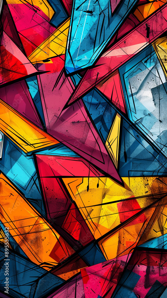 Poster a chaotic mix of jagged lines and sharp angles in bright, contrasting colors, creating a sense of te
