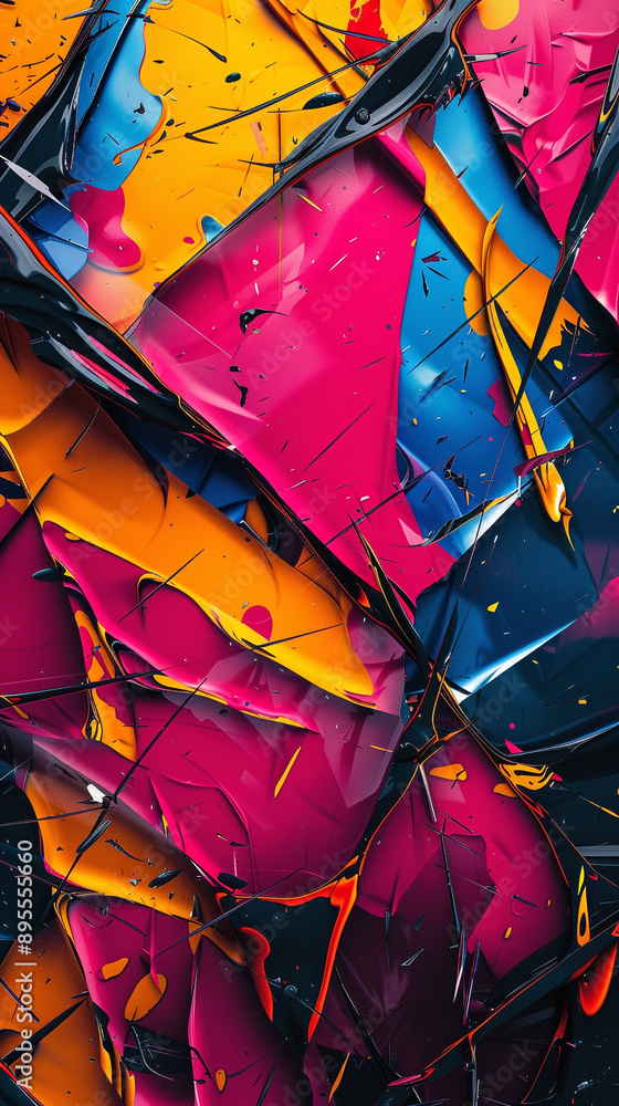 Poster a chaotic mix of jagged lines and sharp angles in bright, contrasting colors, creating a sense of te