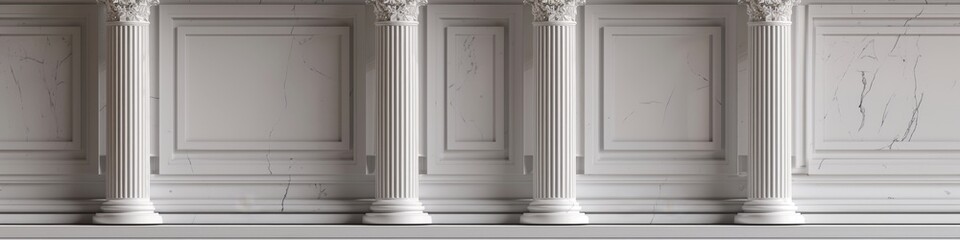 Obraz premium Majestic 3D Greek and Roman Architectural Elements: White Marble Columns and Pedestals Against Pristine Background. Classical Antiquity Inspired Design Featuring Elegant Pillars, Podiums, and Ancient 