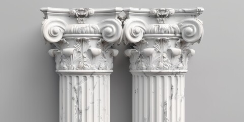 Obraz premium Majestic 3D Greek and Roman Architectural Elements: White Marble Columns and Pedestals Against Pristine Background. Classical Antiquity Inspired Design Featuring Elegant Pillars, Podiums, and Ancient 