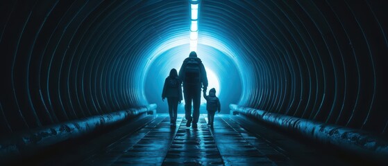A family crosses a glowing, futuristic border in an ultramodern, supernatural scene banner with copy space, representing immigration
