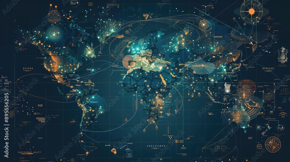 Poster a digital world map with time zone clocks overlayed on major cities, showing real-time global connec