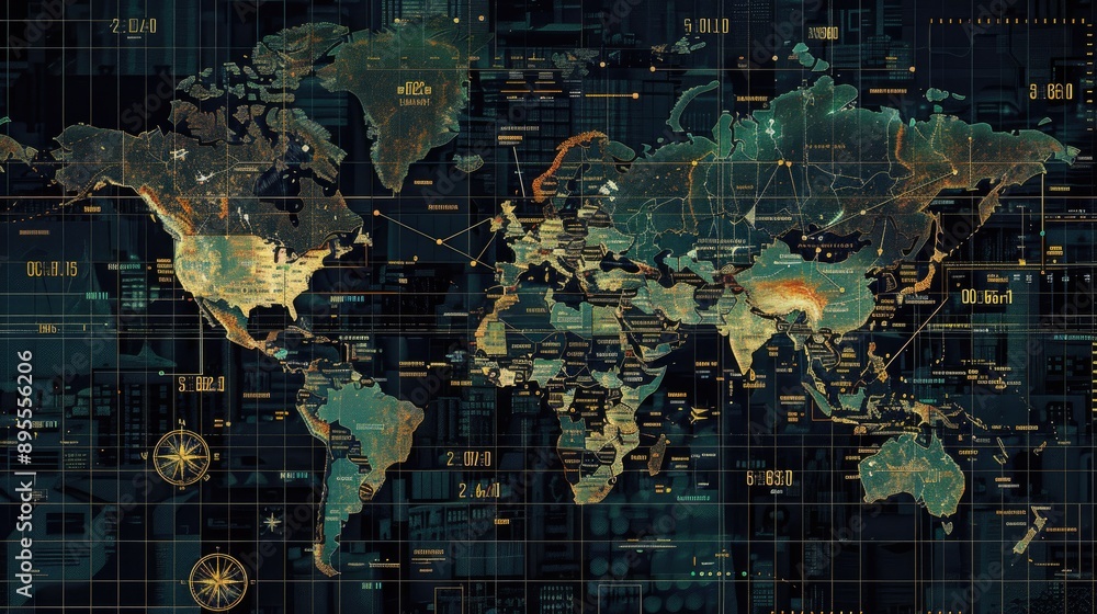 Poster a digital world map with time zone clocks overlayed on major cities, showing real-time global connec