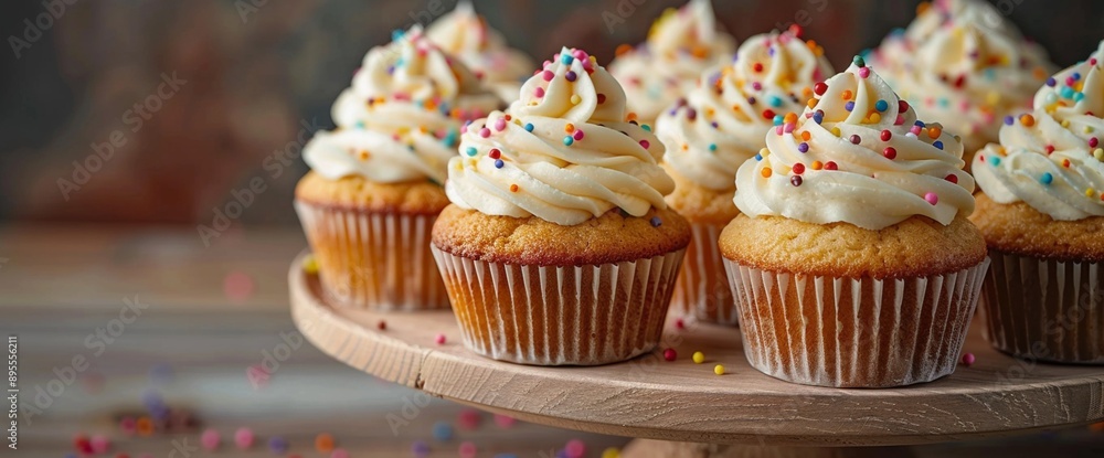 Poster a batch of freshly baked cupcakes topped with swirls of buttercream frosting and colorful sprinkles,