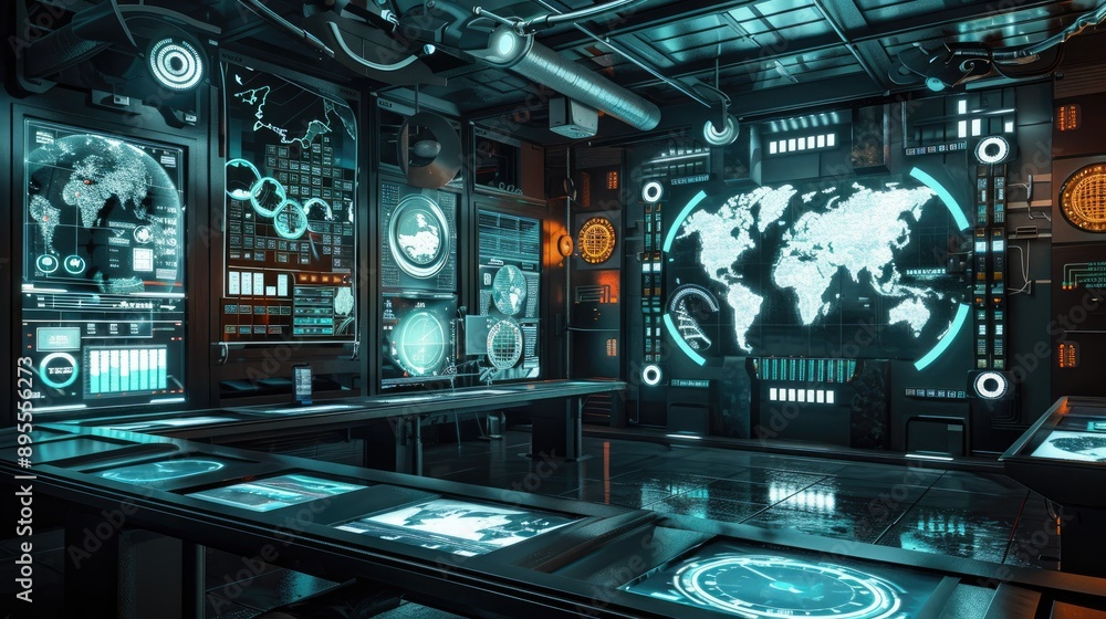 Aufkleber a futuristic control room with large screens displaying different world clocks and global data.