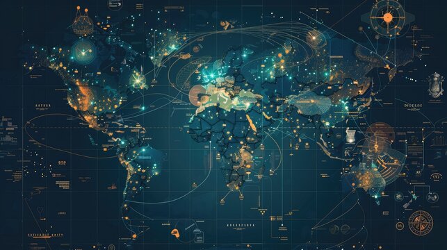 A digital world map with time zone clocks overlayed on major cities, showing real-time global connectivity.
