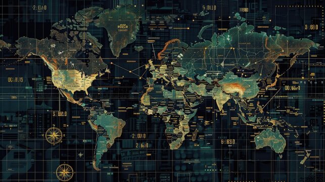 A digital world map with time zone clocks overlayed on major cities, showing real-time global connectivity.
