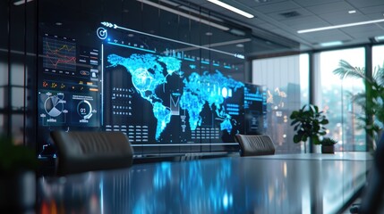 A high-tech dashboard in a modern office showing various global times on a digital screen.