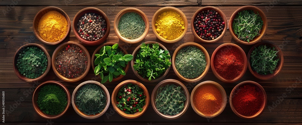 Poster a colorful array of different spices and herbs in small bowls, arranged in a circular pattern on a w