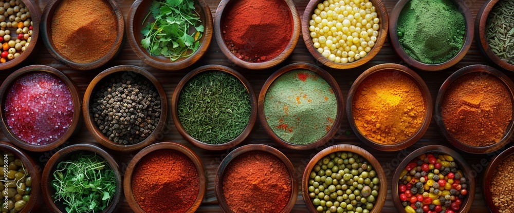 Poster a colorful array of different spices and herbs in small bowls, arranged in a circular pattern on a w