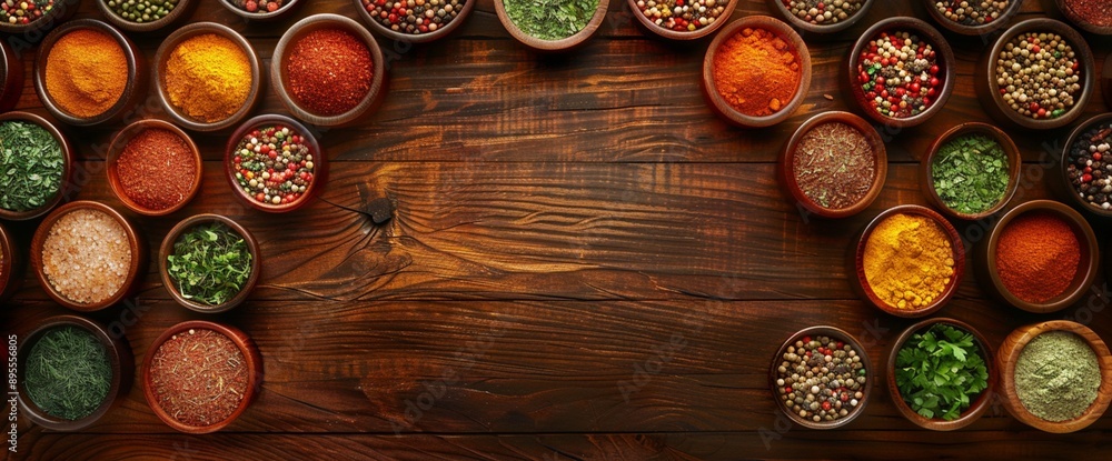 Poster a colorful array of different spices and herbs in small bowls, arranged in a circular pattern on a w