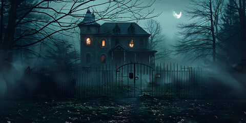 .Horror halloween haunted house in creepy night forest.