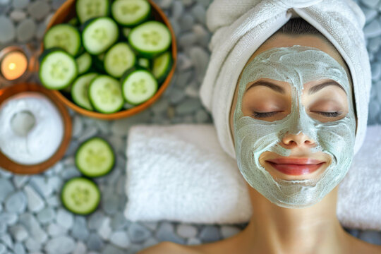 Woman relaxing with cucumber facial mask at a spa