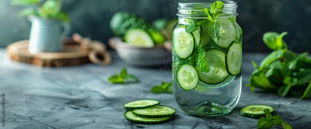 Poster a refreshing cucumber and mint detox water in a mason jar, with slices of cucumber floating inside, 