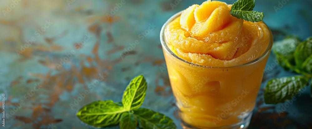 Poster a refreshing mango sorbet served in a fancy glass with mint leaves on top, set against a simple back