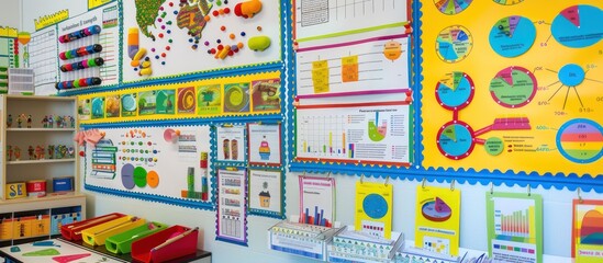 Naklejka premium A vibrant display of educational charts and posters on a classroom wall celebrating the diverse subjects and knowledge shared by teachers