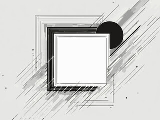 Abstract geometric background with squares, circles, and lines in black and white, creating a minimalist design.