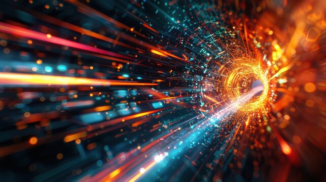 Futuristic 3D Bullet Breaking Digital Barriers with Dynamic Light Trails and Vibrant Colors