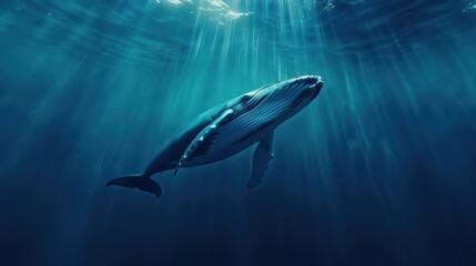 Fototapeta premium A whale glides majestically through the deep blue waters in an ultramodern, supernatural scene banner with copy space