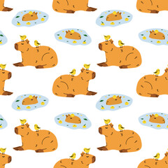 Obraz premium Seamless pattern with cute cartoon capybara illustration. South America fauna.
