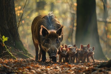 A stunning image of a European wild boar with its piglets, rooting around in a forest.