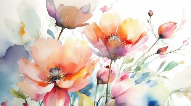 Flores vibrantes en acuarela con salpicaduras art&iacute;sticas para dise&ntilde;o decorativo