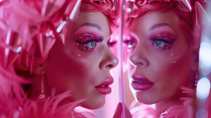 Obraz premium Drag queen with pink makeup examining her reflection in a mirror, a close-up view of her stunning look