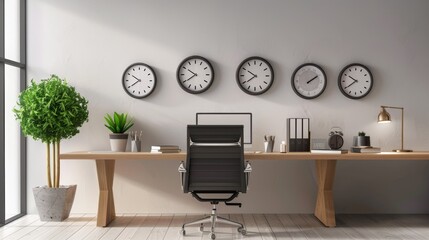 A minimalist home office setup with multiple clocks on the wall showing different international times.