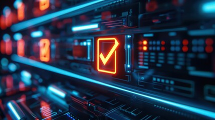 Fototapeta premium Auditing is represented by glowing checkmarks and hightech auditing tools in an ultramodern, supernatural scene banner with copy space