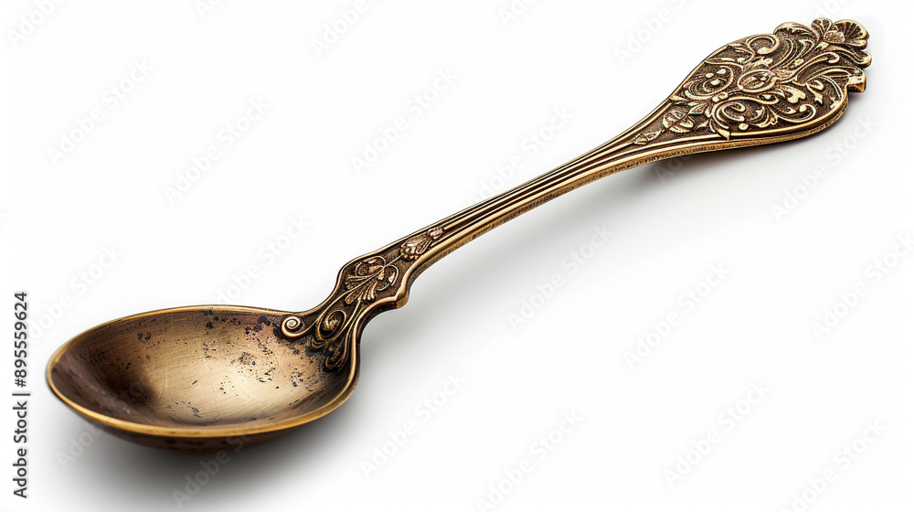 Poster a brass condiment spoon with a carved handle isolated on a white background.