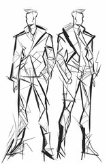 Modern High Fashion Sketches on White Paper Showcasing Male Stylish and Contemporary Designer Clothing