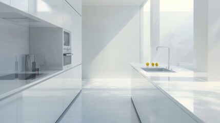 A minimalistic white kitchen with sleek, modern appliances and spotless countertops, exuding cleanliness and simplicity.
