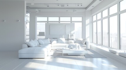 A modern white living room with clean lines, minimalistic decor, and large windows letting in natural light.