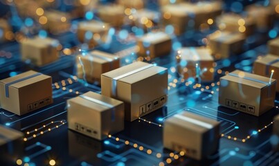 Seamless E-commerce Return System: Interconnected Network of Shipping, Digital Logistics, and Online Retail Operations. Efficient Data Flow and Package Tracking Visualized through Abstract Lines and C