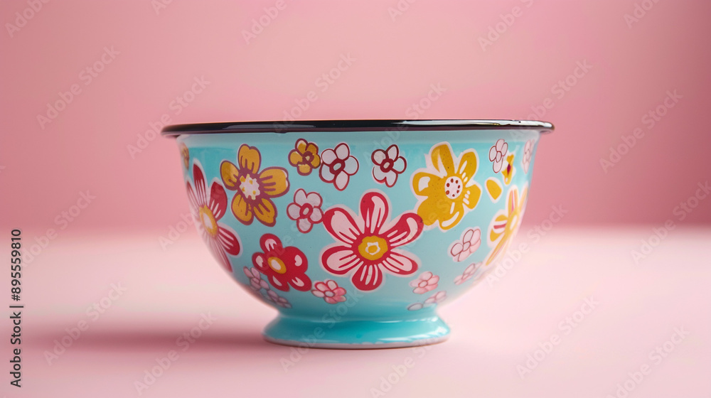 Poster A colorful enamel bowl with a retro design isolated on a light pink background with ample copy space.