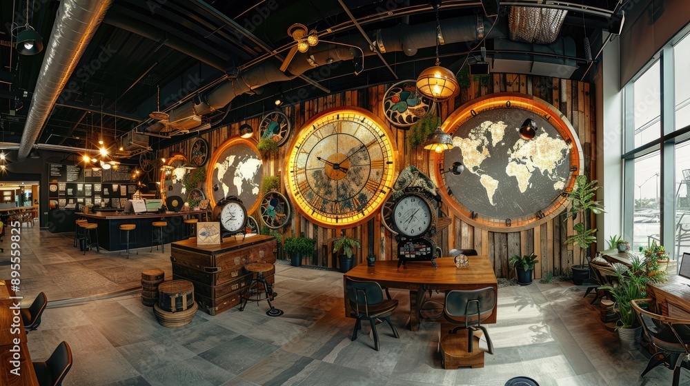 Poster a panoramic shot of a tech startup office with a large world clock display on the main wall.